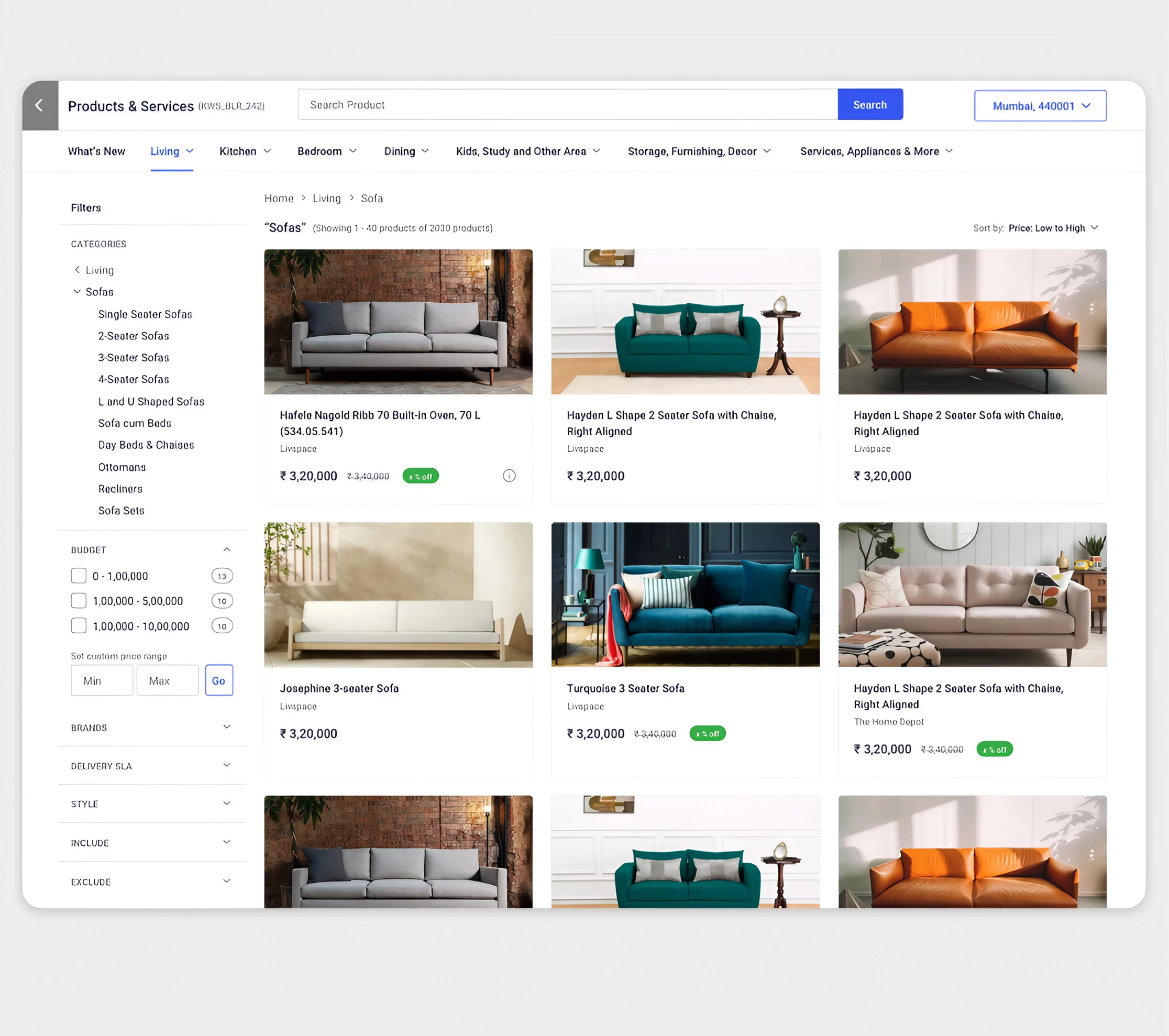 The Products and Services catalog: a category tree and budget filters on the left, and a grid of sofa cards with photography, brand, price and discount badges on the right