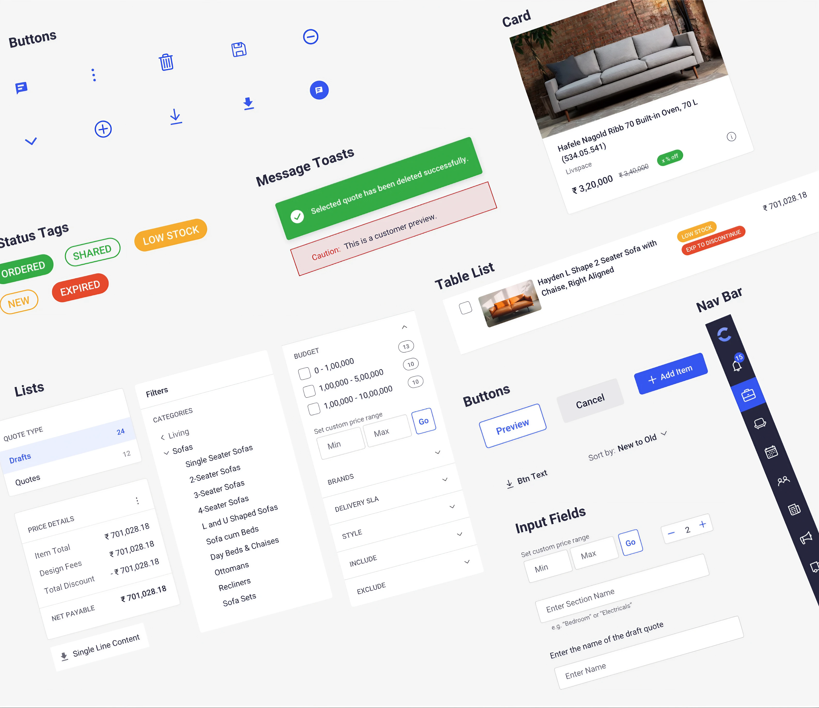 An angled collage of the design system: icon buttons, green and red message toasts, status tags for Ordered, Shared, Low Stock, New and Expired, a product card, a table row, list and filter panels, a price details summary, primary and secondary buttons, input fields and the dark navigation rail