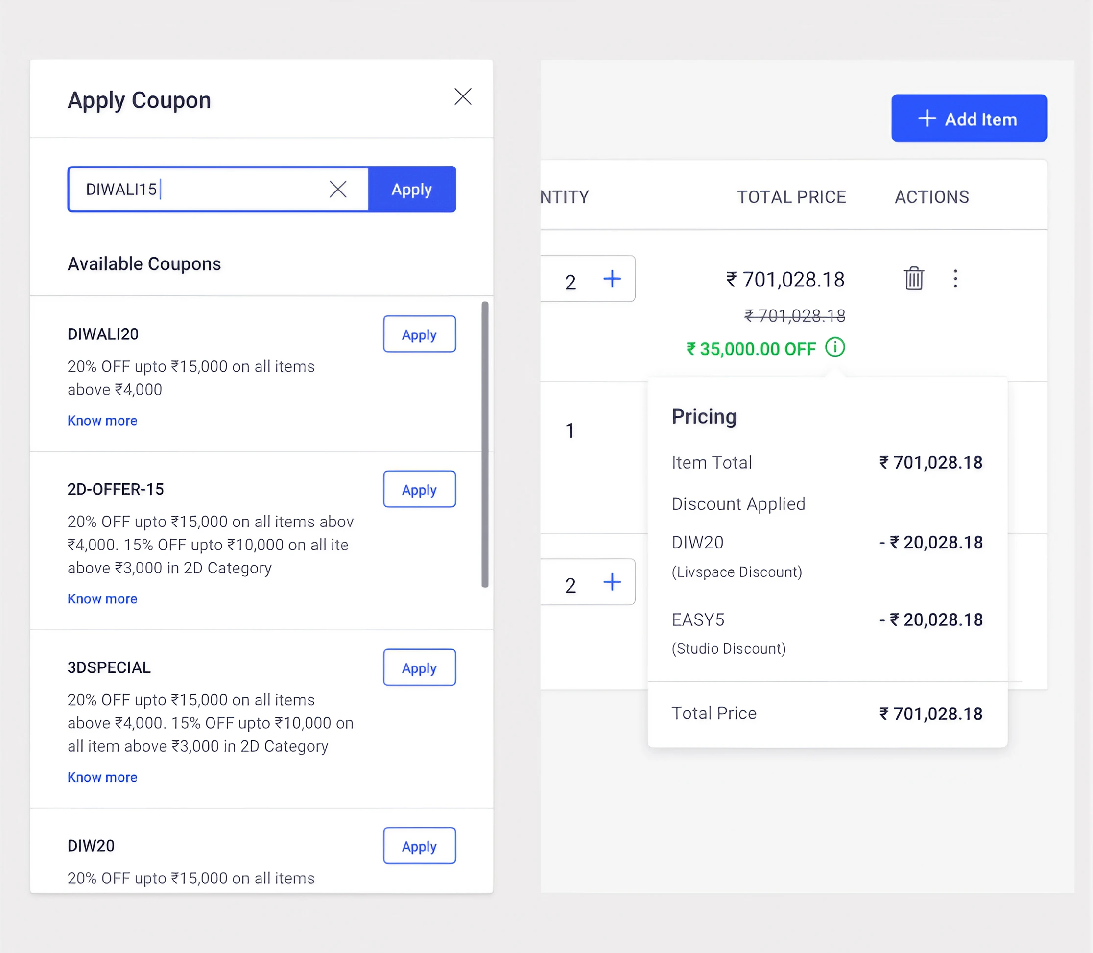 The coupon experience: an Apply Coupon panel with a code field and a scrollable list of available offers, beside a quote line item showing the struck-through price, the amount saved, and a Pricing popover itemising each discount