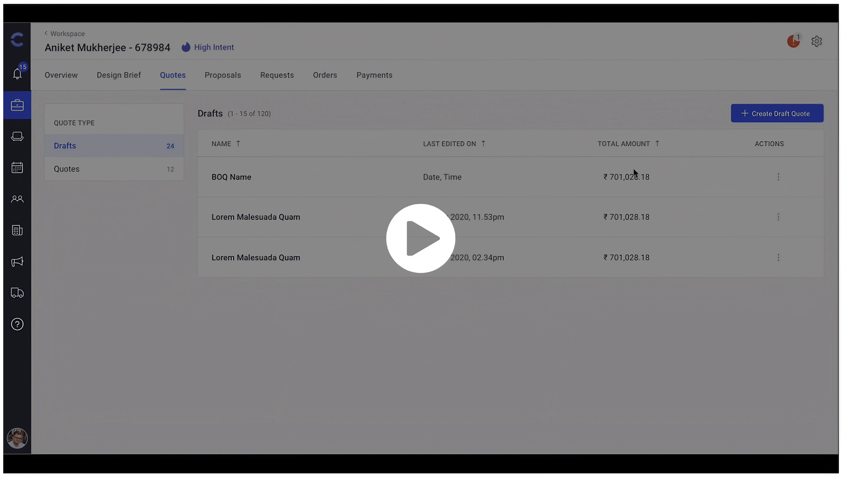 Video still of the export flow: the same customer workspace and Drafts list, from which a customer-facing BOQ document can be generated and shared