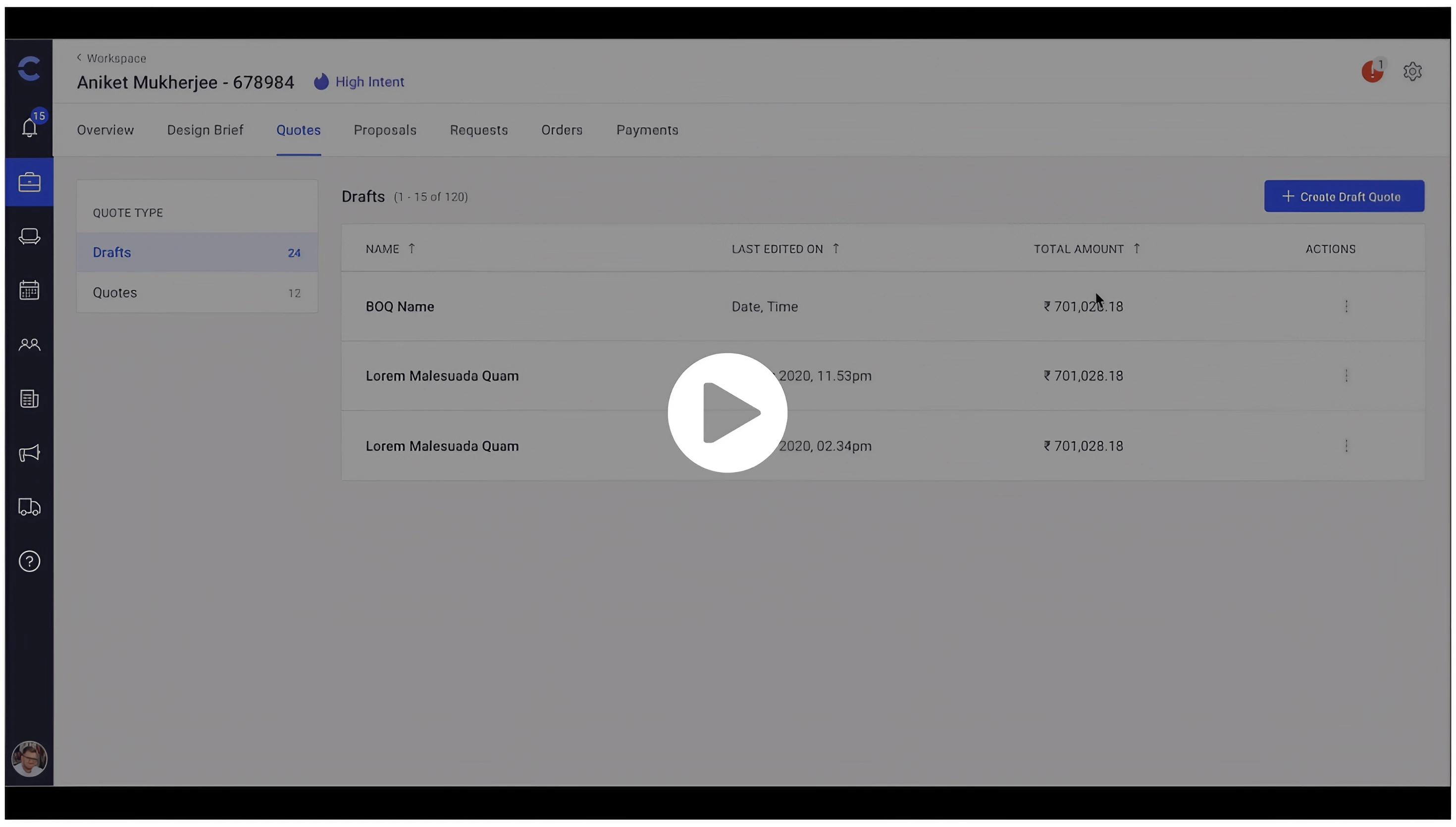 Video still of the new quote flow: the customer workspace for Aniket Mukherjee with a Quotes tab, a Drafts list showing BOQ names, dates and totals, and a Create Draft Quote button