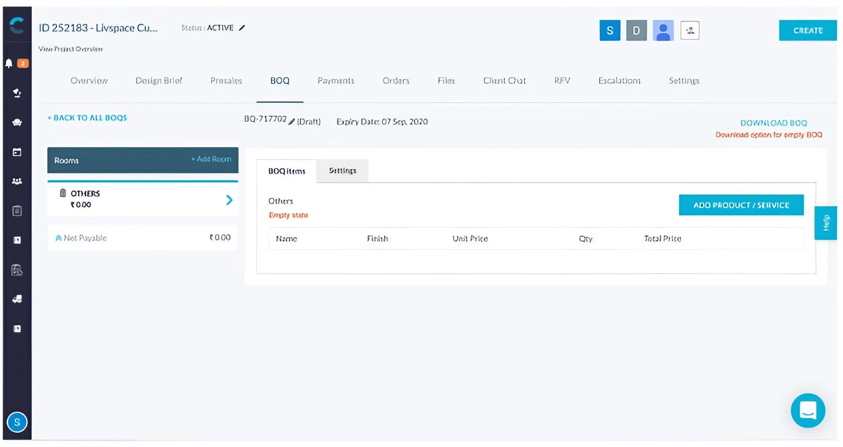 The original BOQ builder screen being audited: a dark left rail, a project tab bar with BOQ selected, an empty Rooms panel showing zero net payable, and an empty BOQ items table