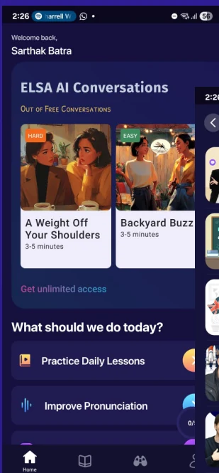 ELSA AI Conversations home screen listing daily lesson suggestions