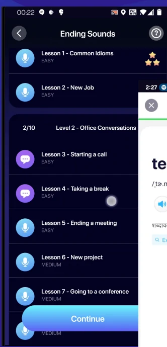 ELSA 'Ending Sounds' lesson list with a Continue button