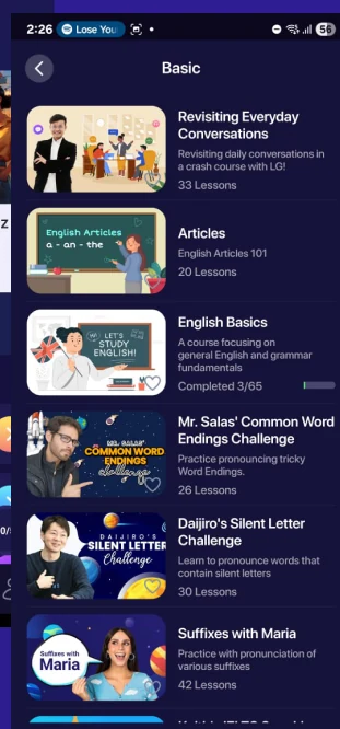 ELSA 'Basic' lesson library listing English fundamentals courses