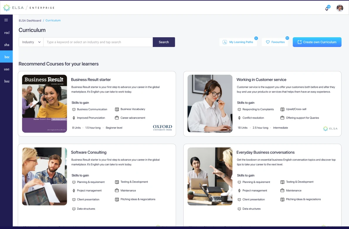 ELSA Enterprise dashboard: Curriculum page recommending courses like 'Business Result starter' and 'Working in Customer service'