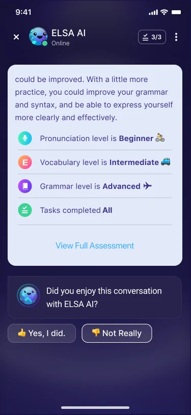 ELSA AI post-conversation assessment showing pronunciation, vocabulary, and grammar levels