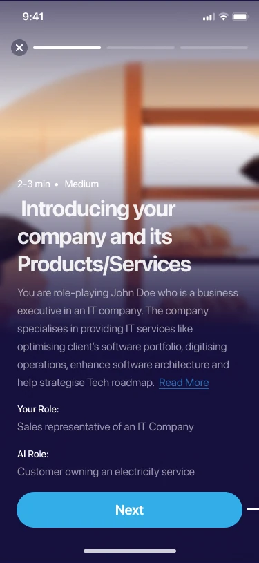 Scenario intro screen: 'Introducing your company and its Products/Services', with role and AI role details