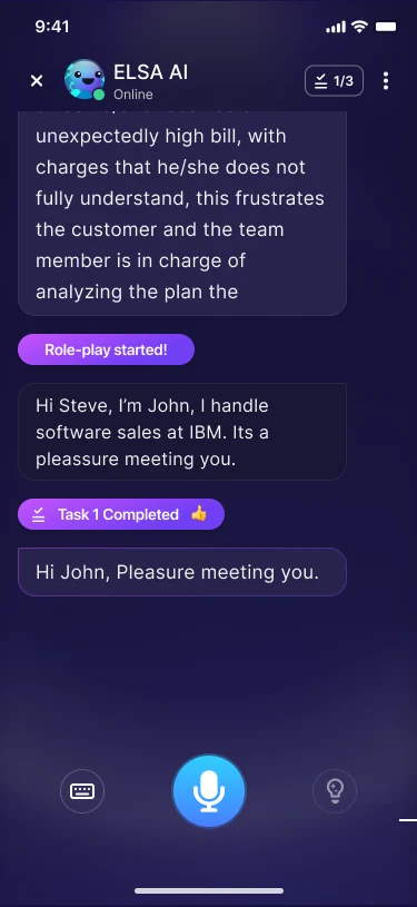 ELSA AI role-play chat showing a completed task and a live voice conversation