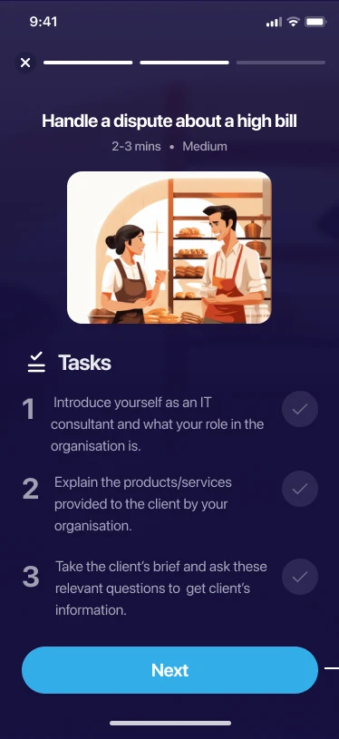 Scenario task list: 'Handle a dispute about a high bill' with 3 tasks to complete