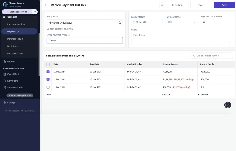 myBillBook payment-out record screen listing distributor invoices and amounts settled