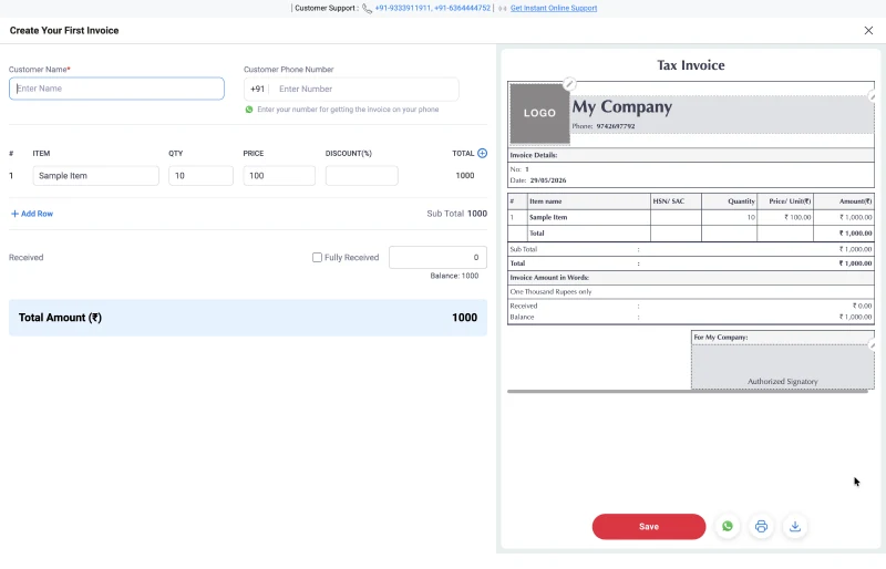 Vyapar invoice creation screen alongside a generated tax invoice preview