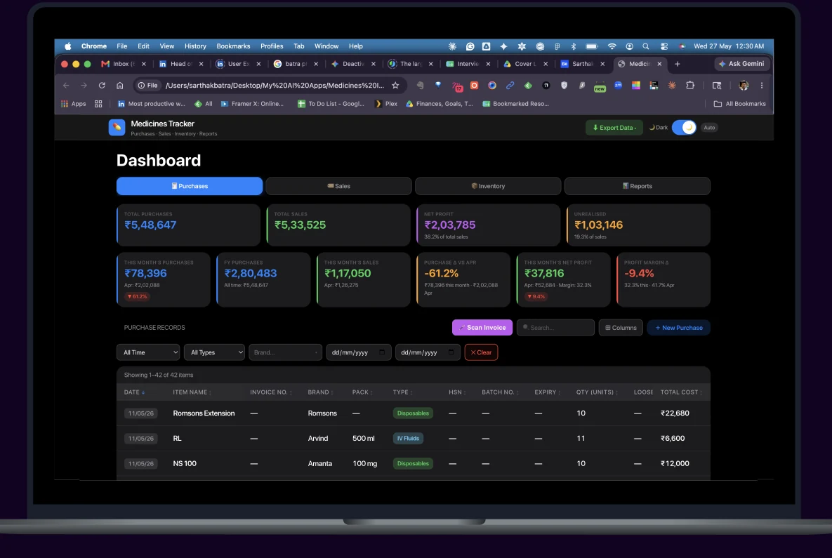 Medicines Tracker dashboard open in a browser on a laptop, showing purchase totals, sales, net profit and a purchase records table