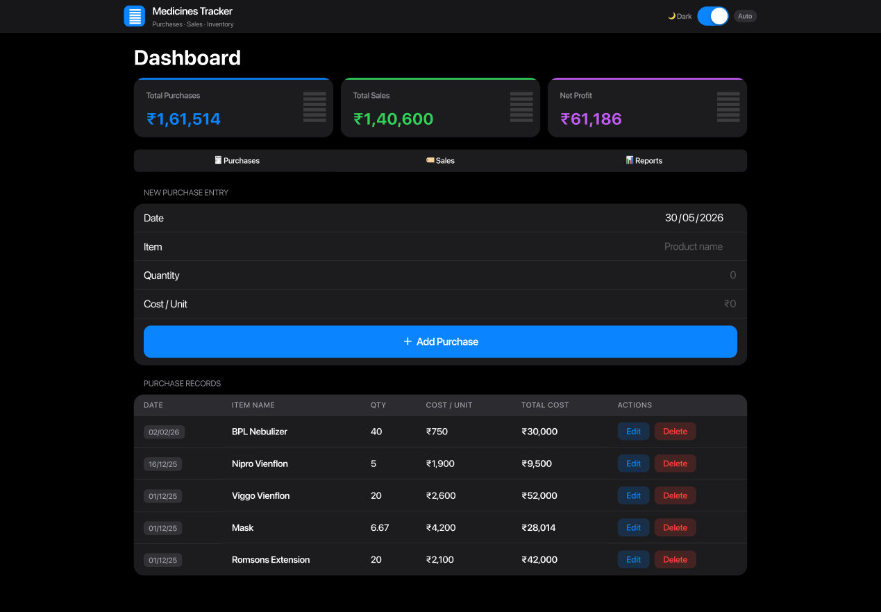 Early Medicines Tracker build with a new purchase entry form and a purchase records table