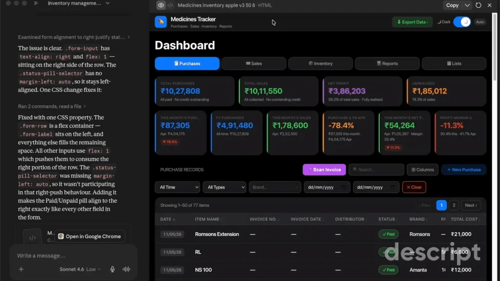 Claude generating the Medicines Tracker dashboard alongside its running code
