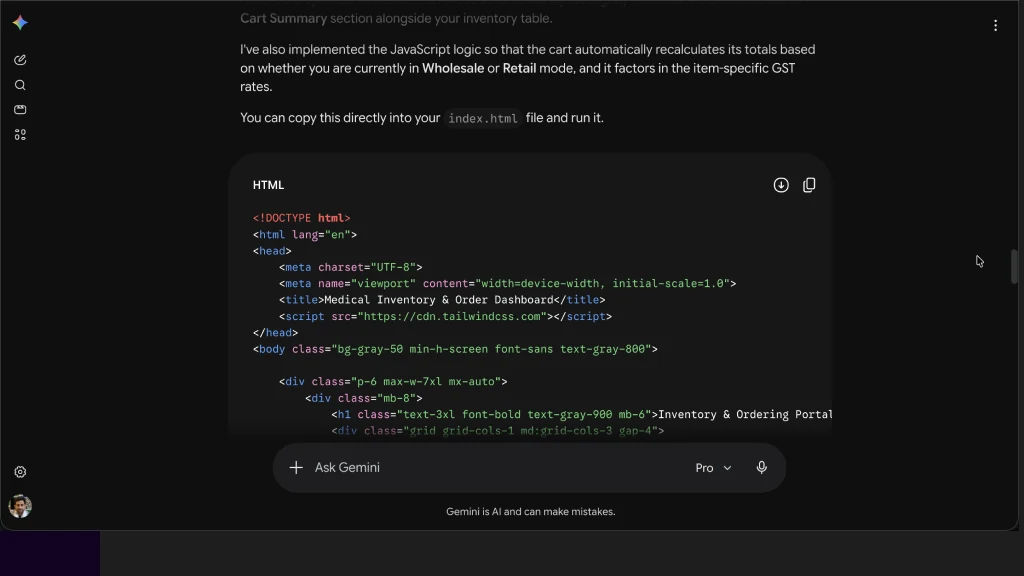 Gemini returning the app's HTML source in a code panel