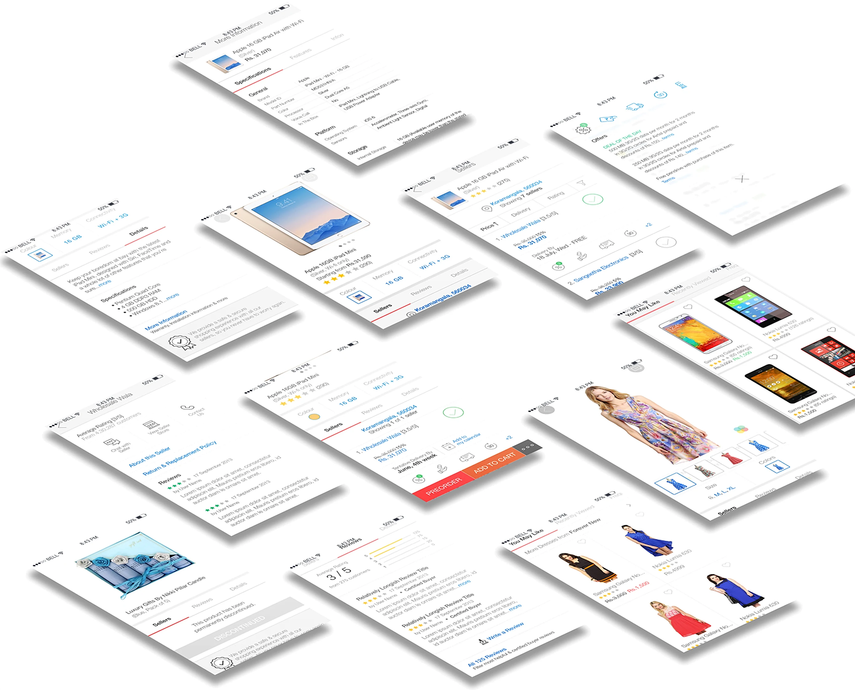 An isometric grid of the iOS product page screens: specifications, variants, seller list, reviews and recommendations
