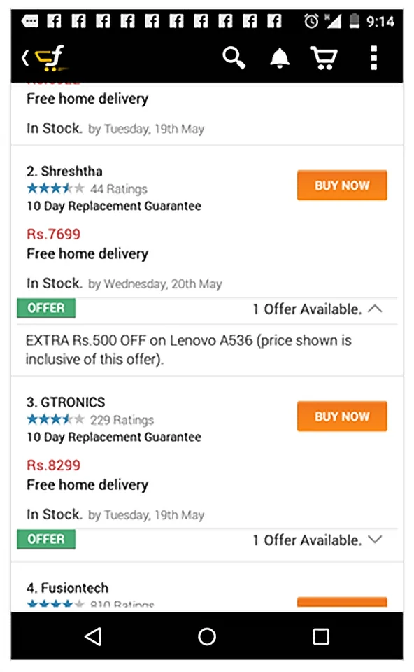 The old Flipkart product page: the list of sellers with their offers