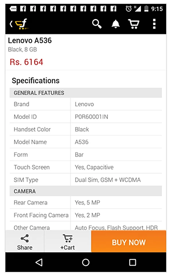 The old Flipkart product page: the specification table
