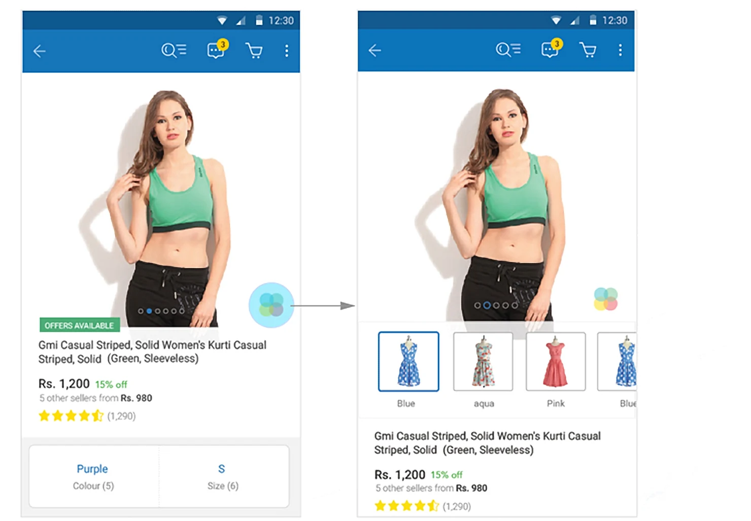 A lifestyle product page whose colour swatch selector expands into a row of dress variants