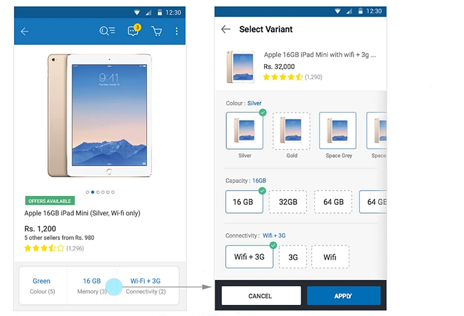 An electronics product page opening a Select Variant sheet with colour, capacity and connectivity options