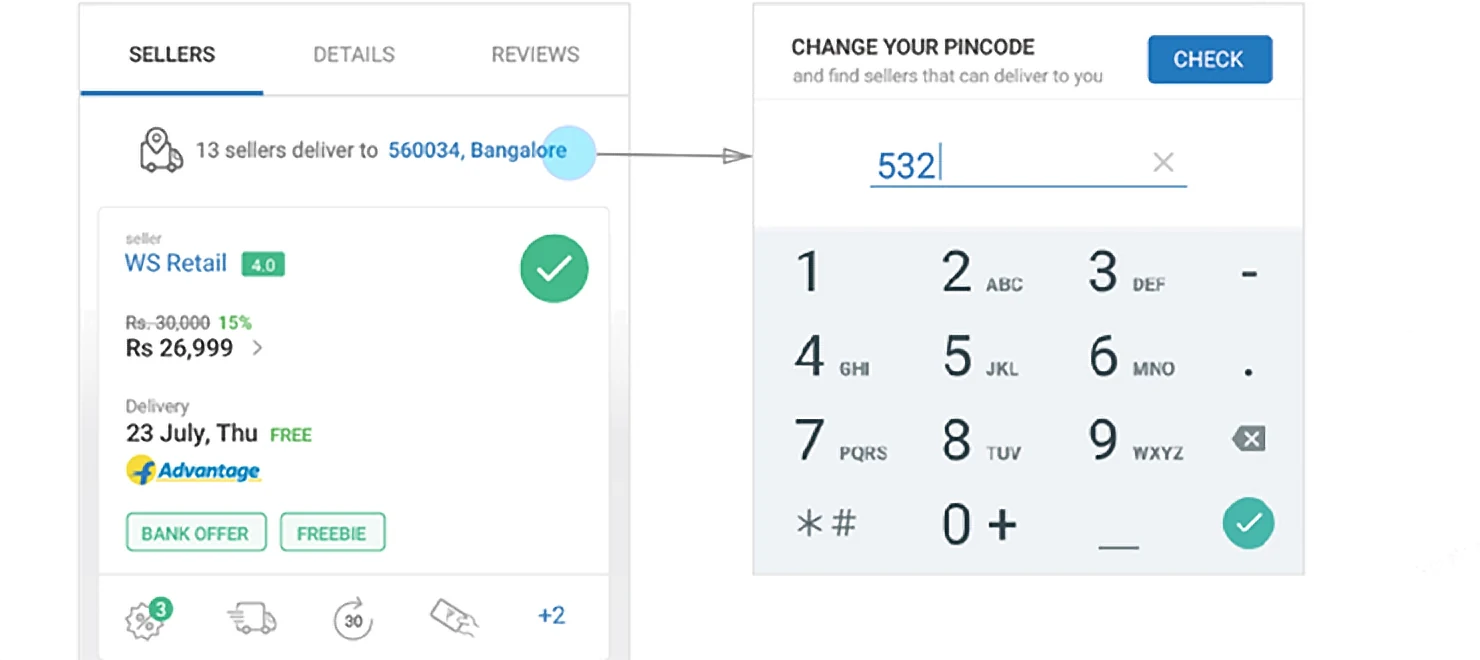The Sellers tab showing a delivery pincode, opening a keypad to change the delivery location