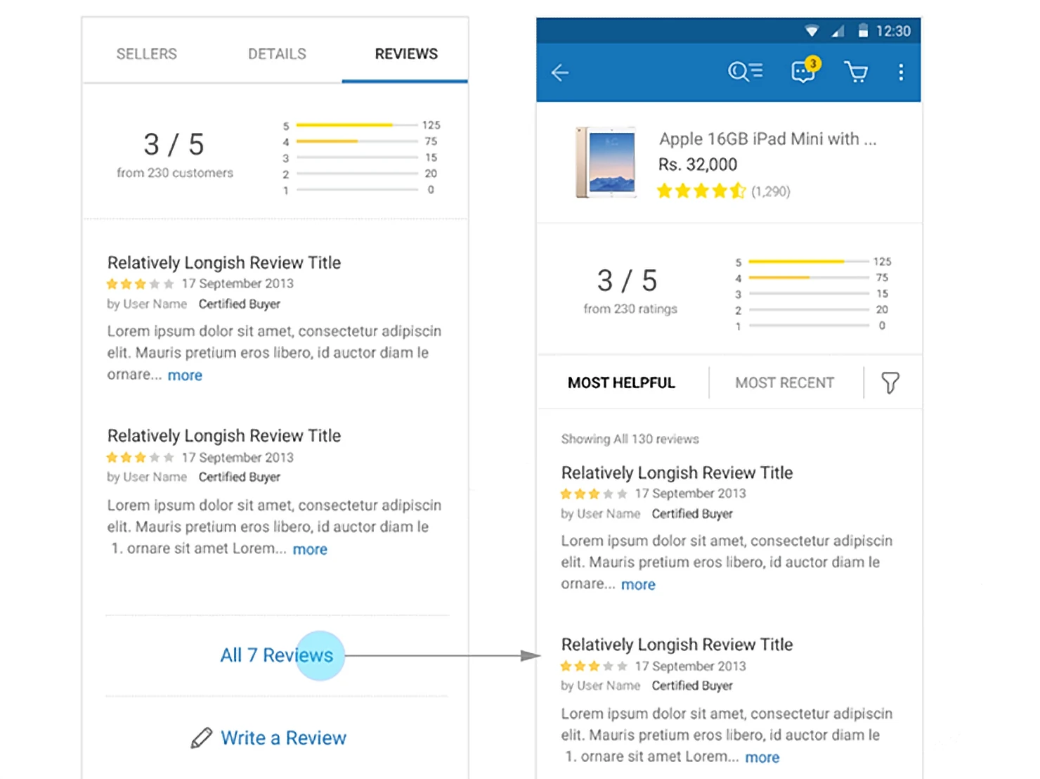 The Reviews tab with its rating distribution, leading through to the full reviews page