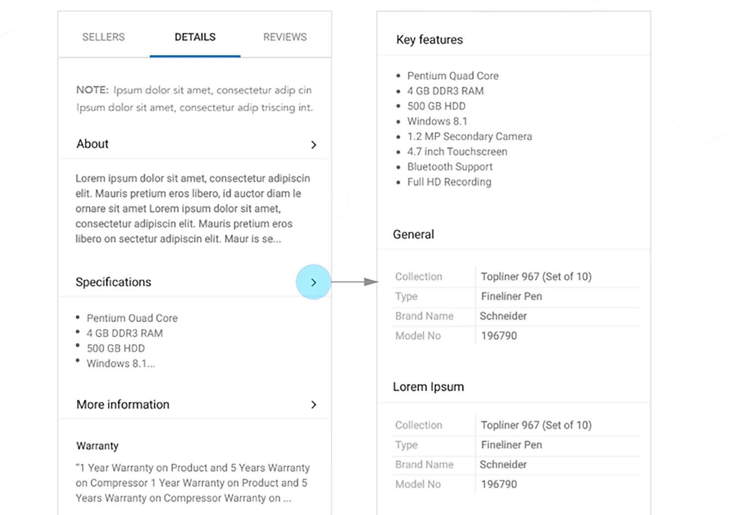 The Details tab with a key features summary, opening the full specification table