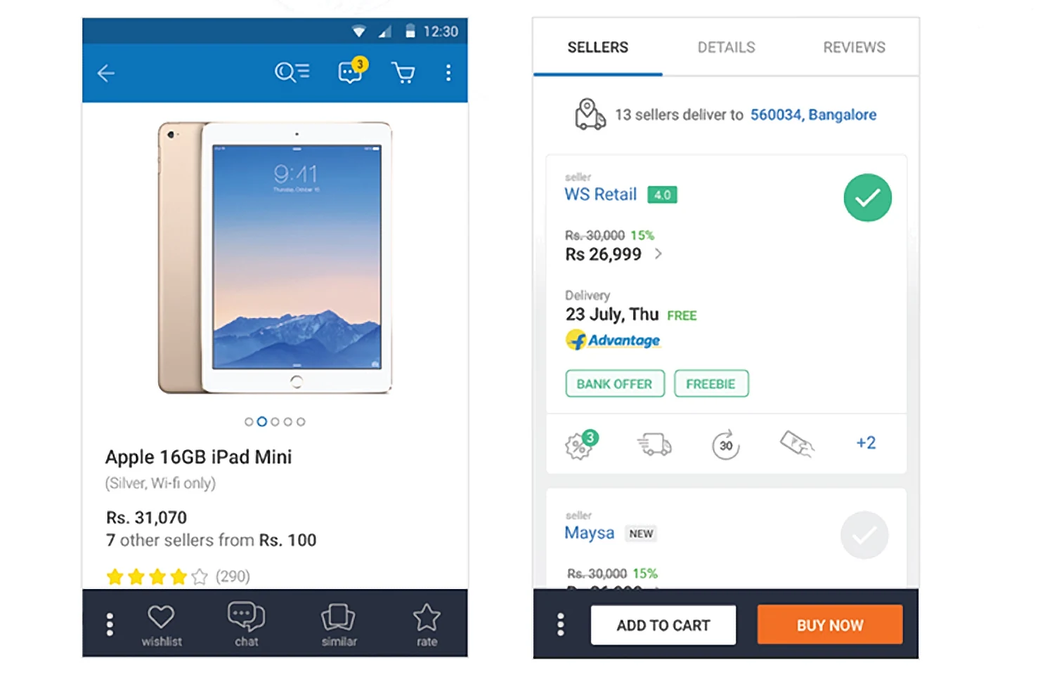 The first fold showing wishlist, chat, similar and rate actions, and the scrolled state revealing Add to cart and Buy now