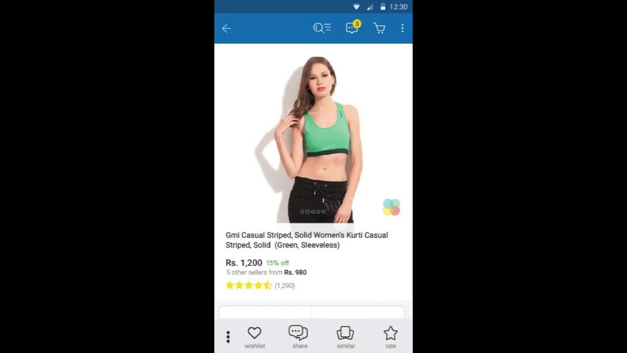 Still from the Flipkart product page interaction walkthrough: a kurti listing with its action bar