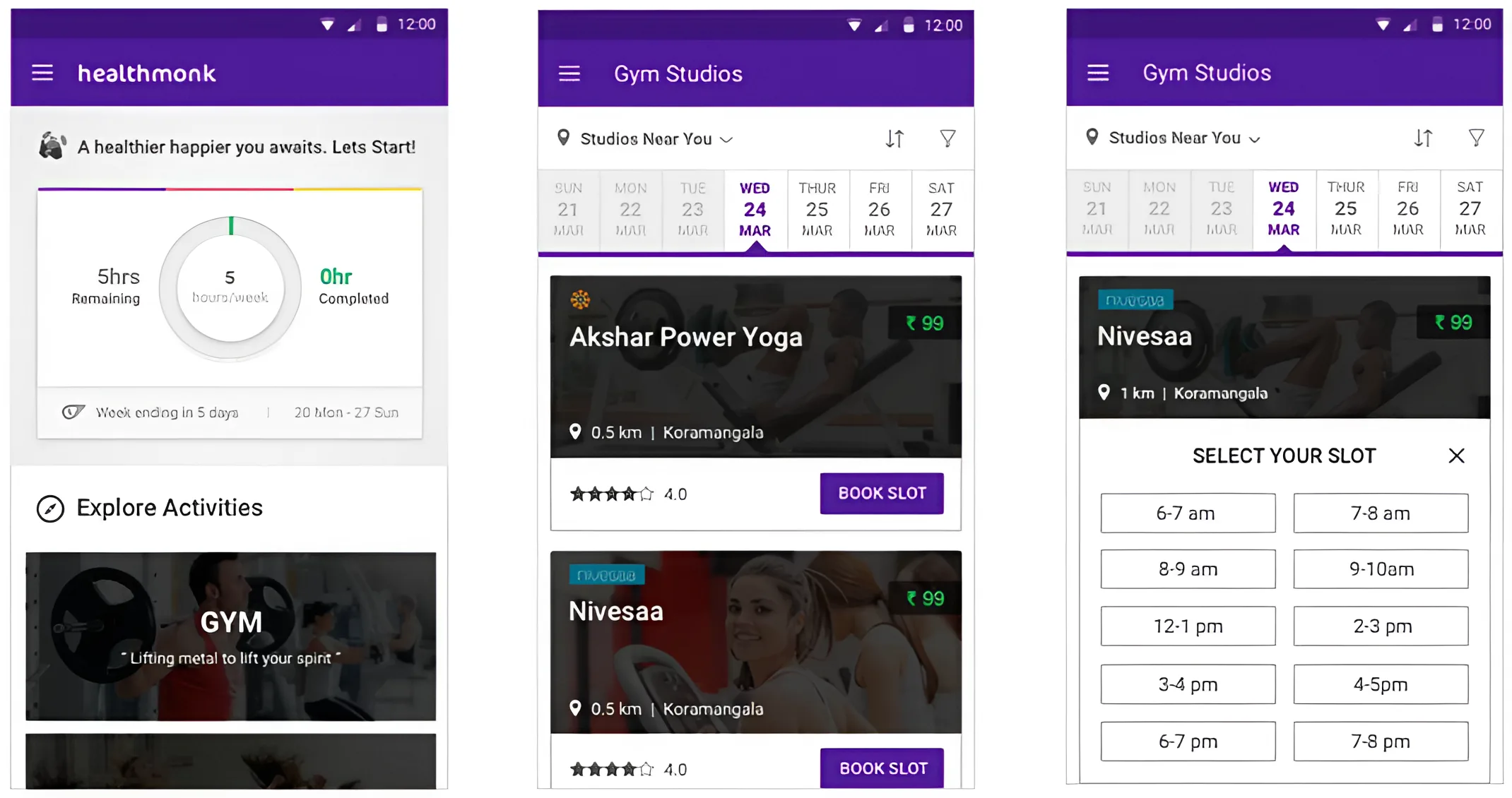 Three screens: the weekly activity dashboard, the nearby gym studios list, and the slot picker for Nivesaa