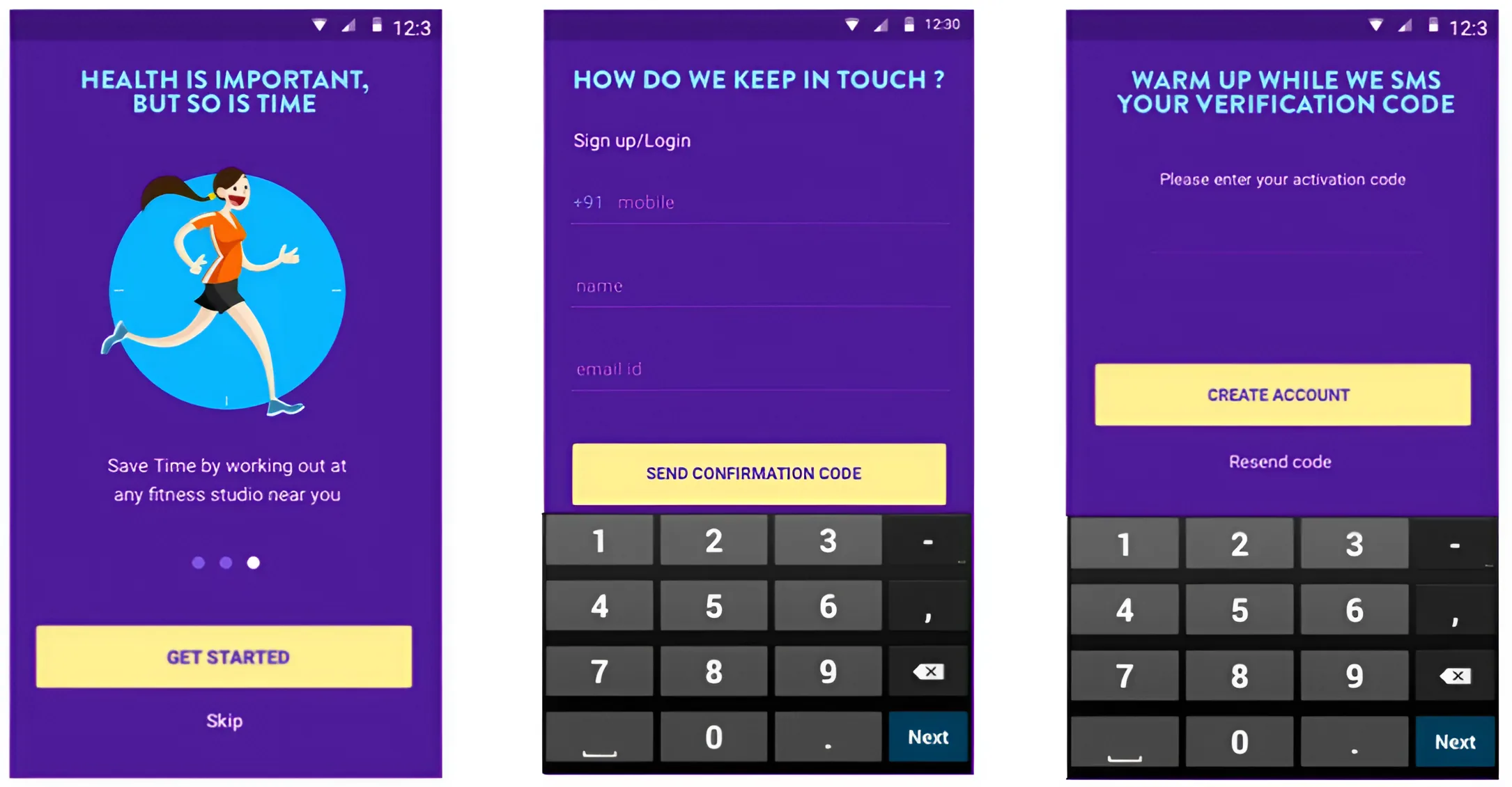 Three onboarding screens: “Health is important, but so is time”, the sign-up form, and the verification-code screen