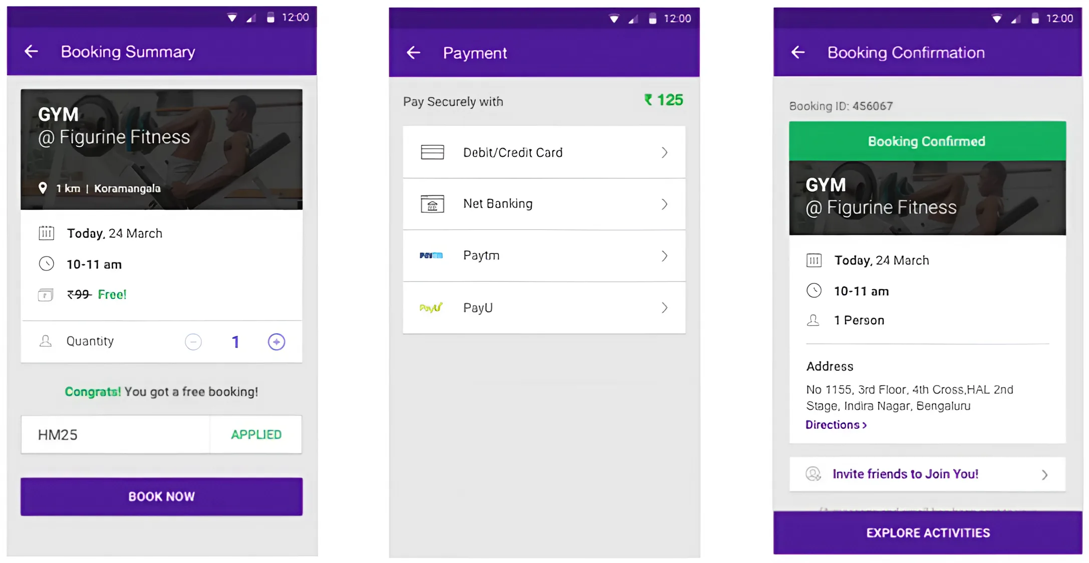 Three screens: the booking summary with an applied coupon, the payment method list, and the booking confirmation with its address and directions
