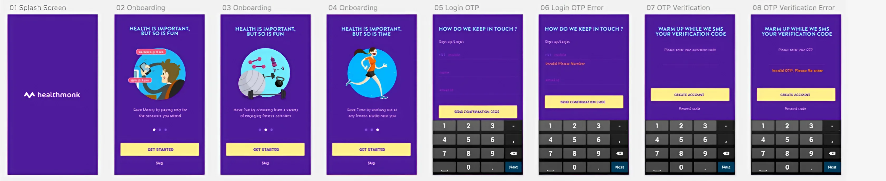 Screens 01 to 08: splash, three onboarding slides, login OTP and its error state, OTP verification and its error state