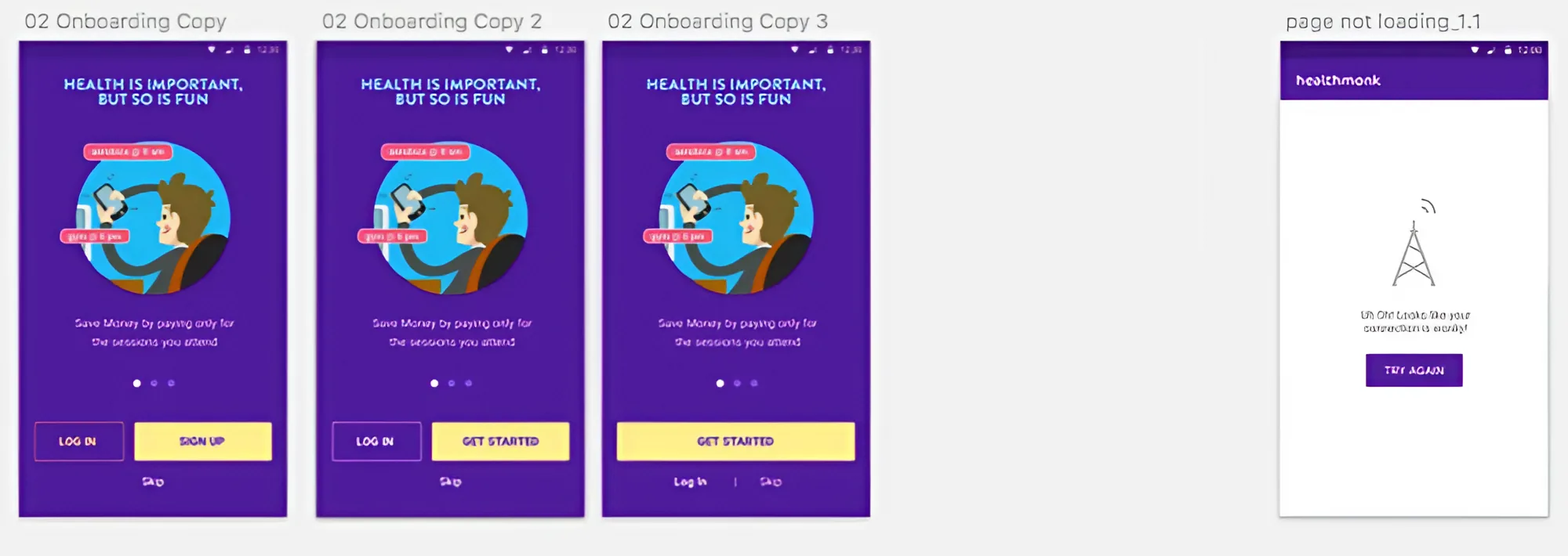 Onboarding variants with different button pairings, and the offline “page not loading” state
