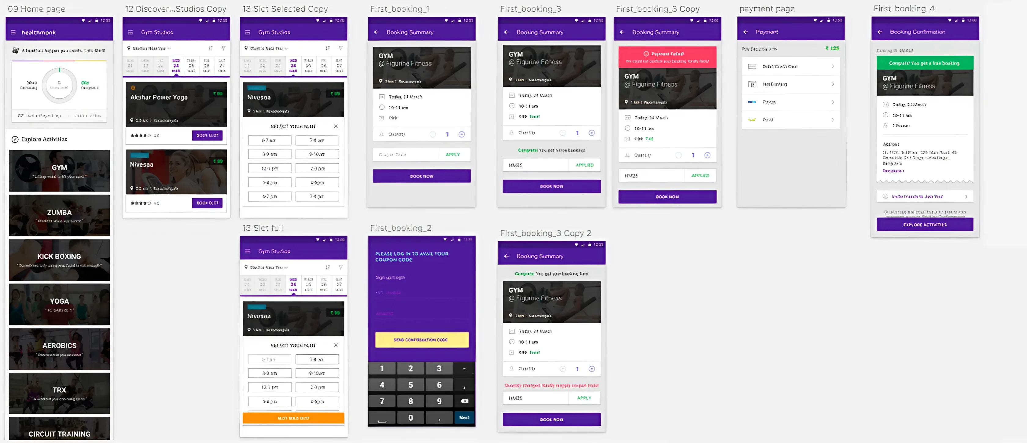 Screens 09 onward: home page, discover studios, slot selection, booking summary variants, payment and booking confirmation