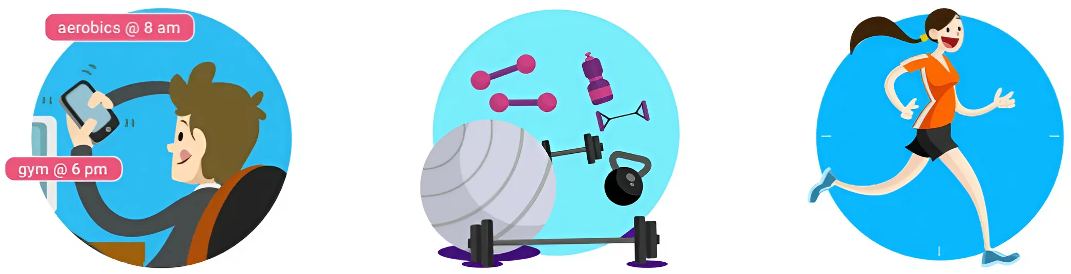 Three circular illustrations: a man checking class times on his phone, a cluster of gym equipment, and a woman running