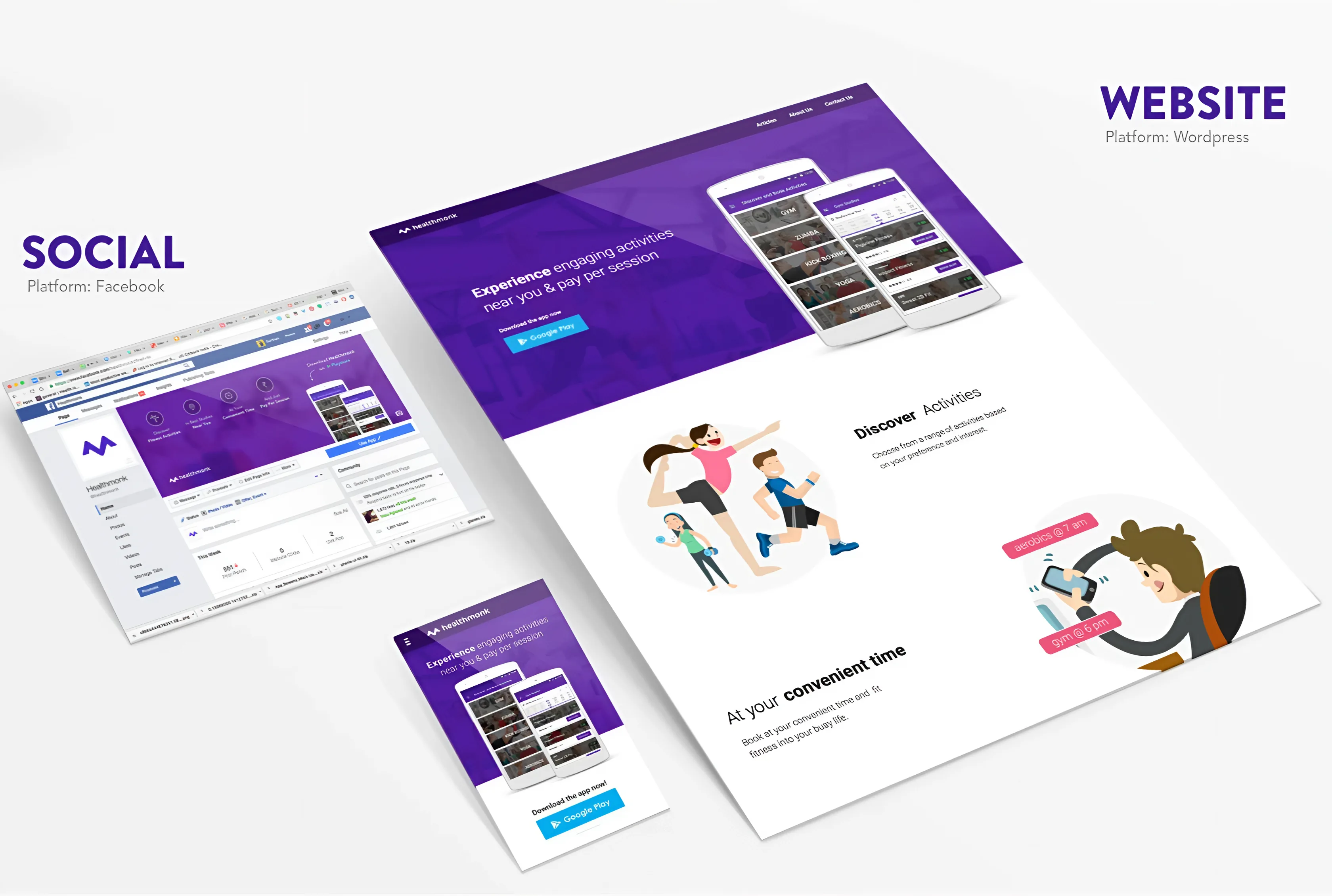SOCIAL on Facebook and WEBSITE on Wordpress — the healthmonk Facebook page beside the marketing site in desktop and mobile, headlined “Experience engaging activities near you & pay per session”