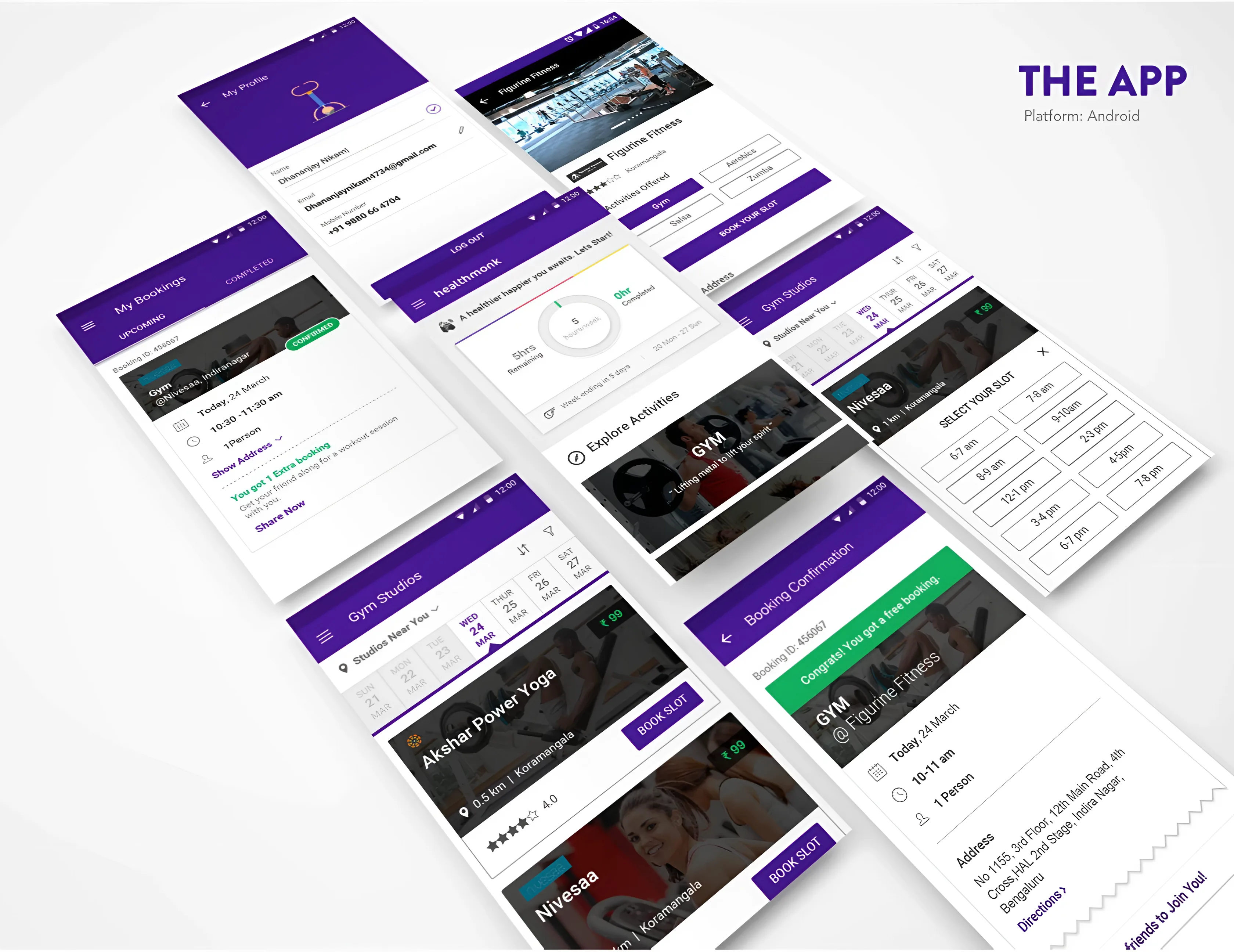 THE APP, platform Android — a perspective array of healthmonk screens including My Profile, My Bookings, the home dashboard, Figurine Fitness, Gym Studios and the slot picker