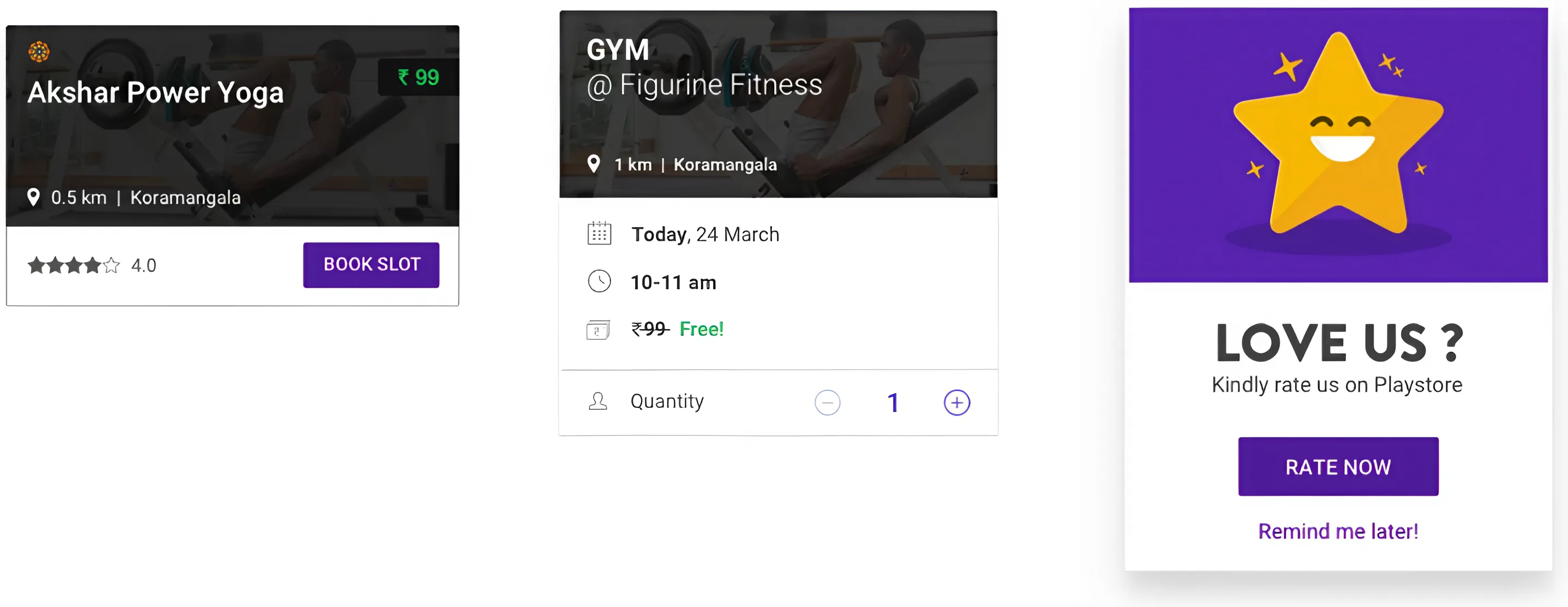 Three components: a studio card for Akshar Power Yoga with rating and Book Slot, a booking summary card, and the “Love us?” Play Store rating prompt