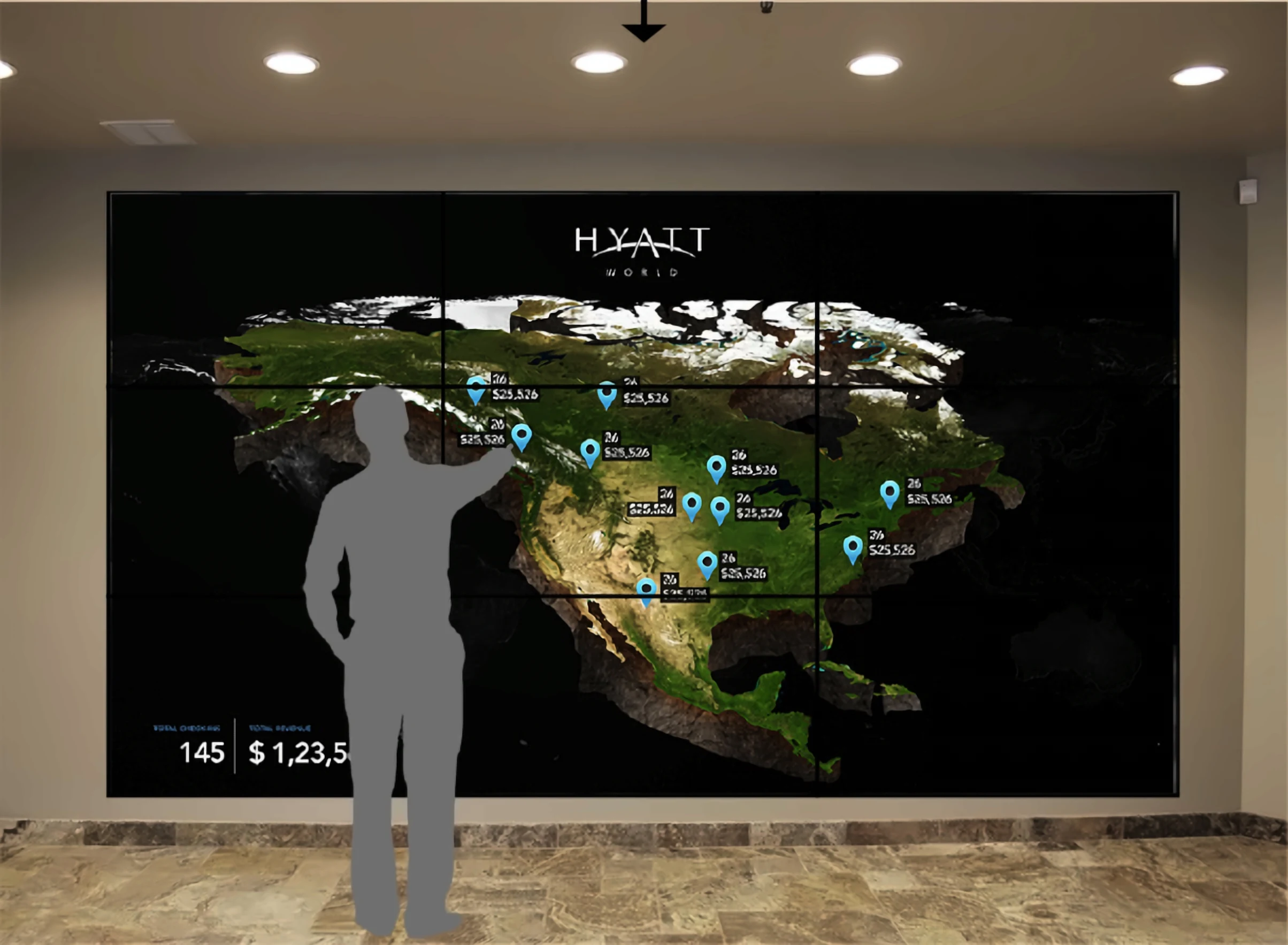 The wall zoomed into North America, showing that region's bookings and revenue