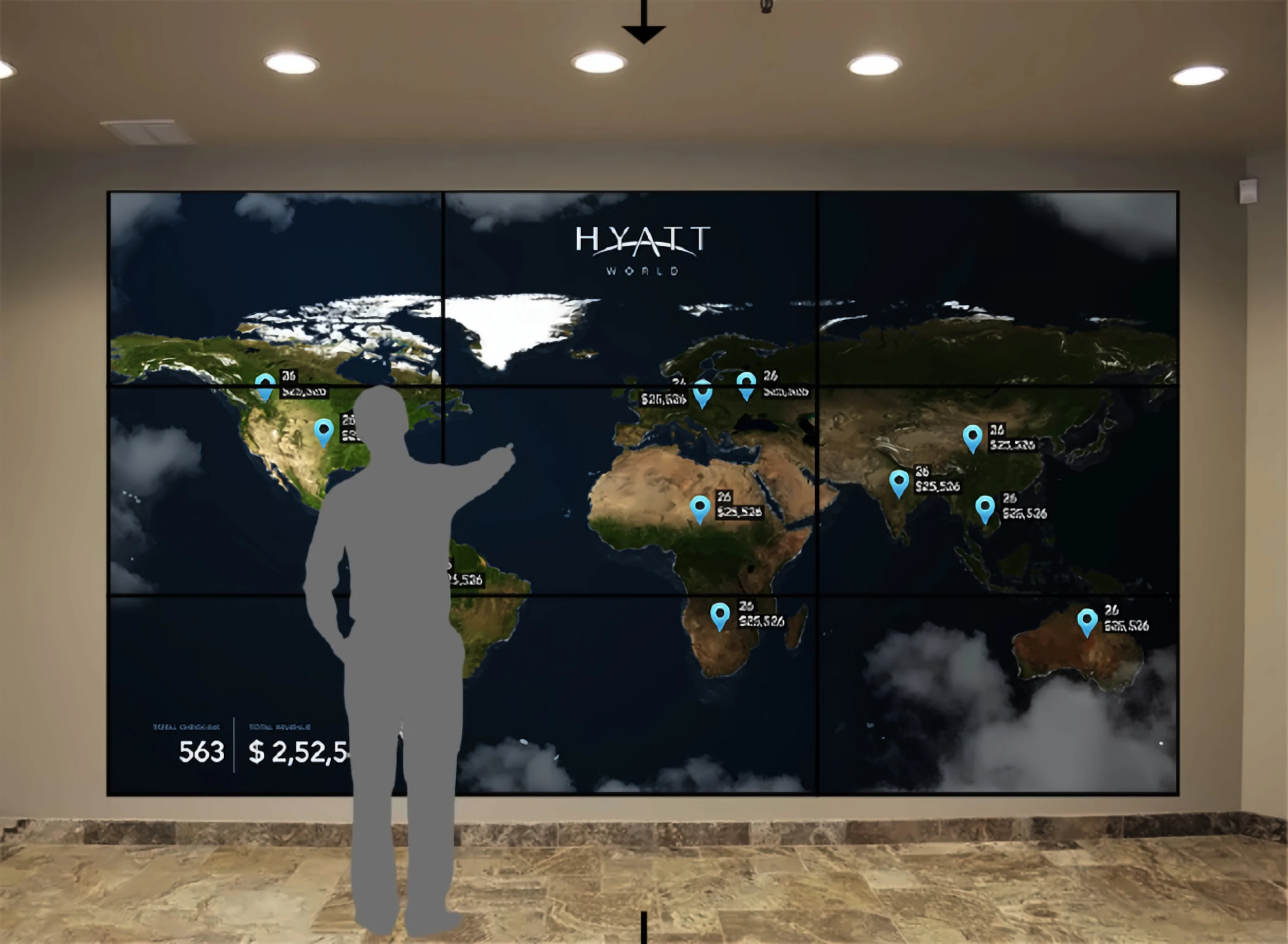 The same wall after the gesture, flattened into a world map with priced booking pins across every continent