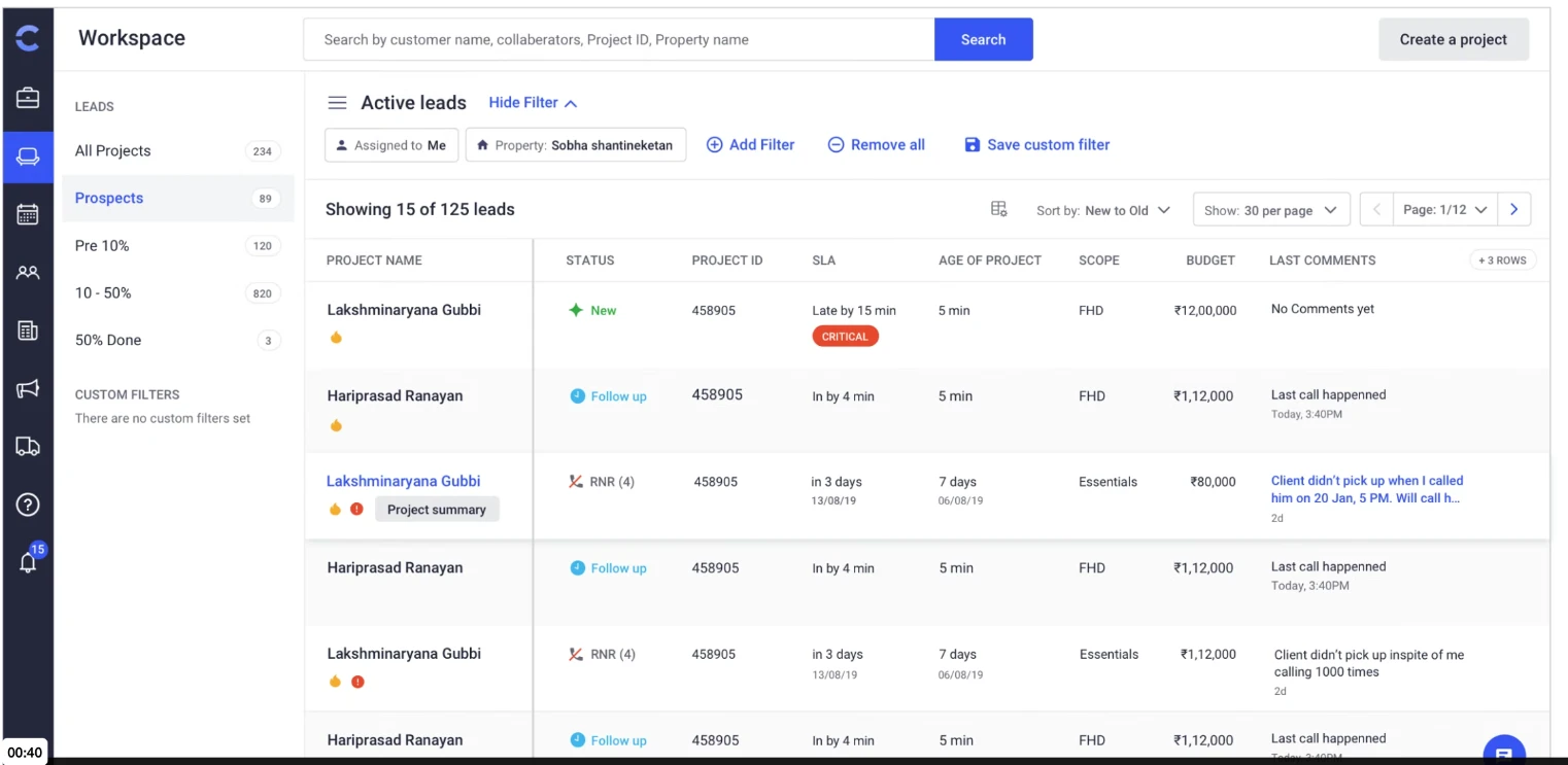 All Projects workspace screen: sidebar with All Projects, Prospects, Pre 10%, 10-50% and 50% Done filters, next to the Active leads table of project name, status, project ID, SLA, age of project, scope, budget and last comments