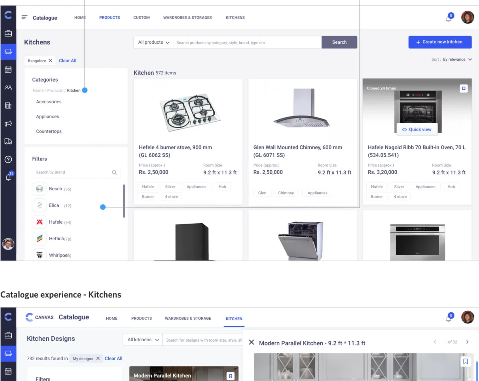 Kitchen products catalogue with a category tree, brand filters and a grid of product cards (stove, chimney, oven) showing price and room size — annotated with Category Navigation and Advanced Filters callouts