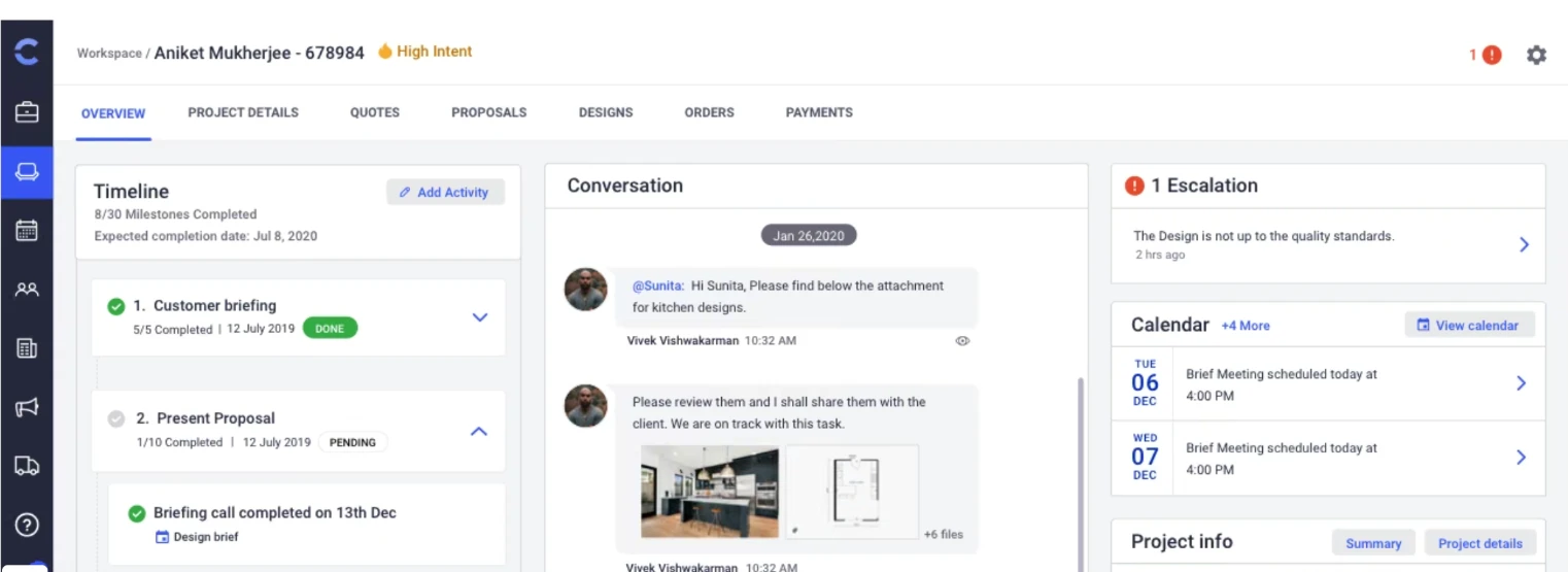 Project overview screen with a Timeline of milestones (Customer briefing done, Present proposal pending), a Conversation thread, a 1 Escalation card and an upcoming Calendar