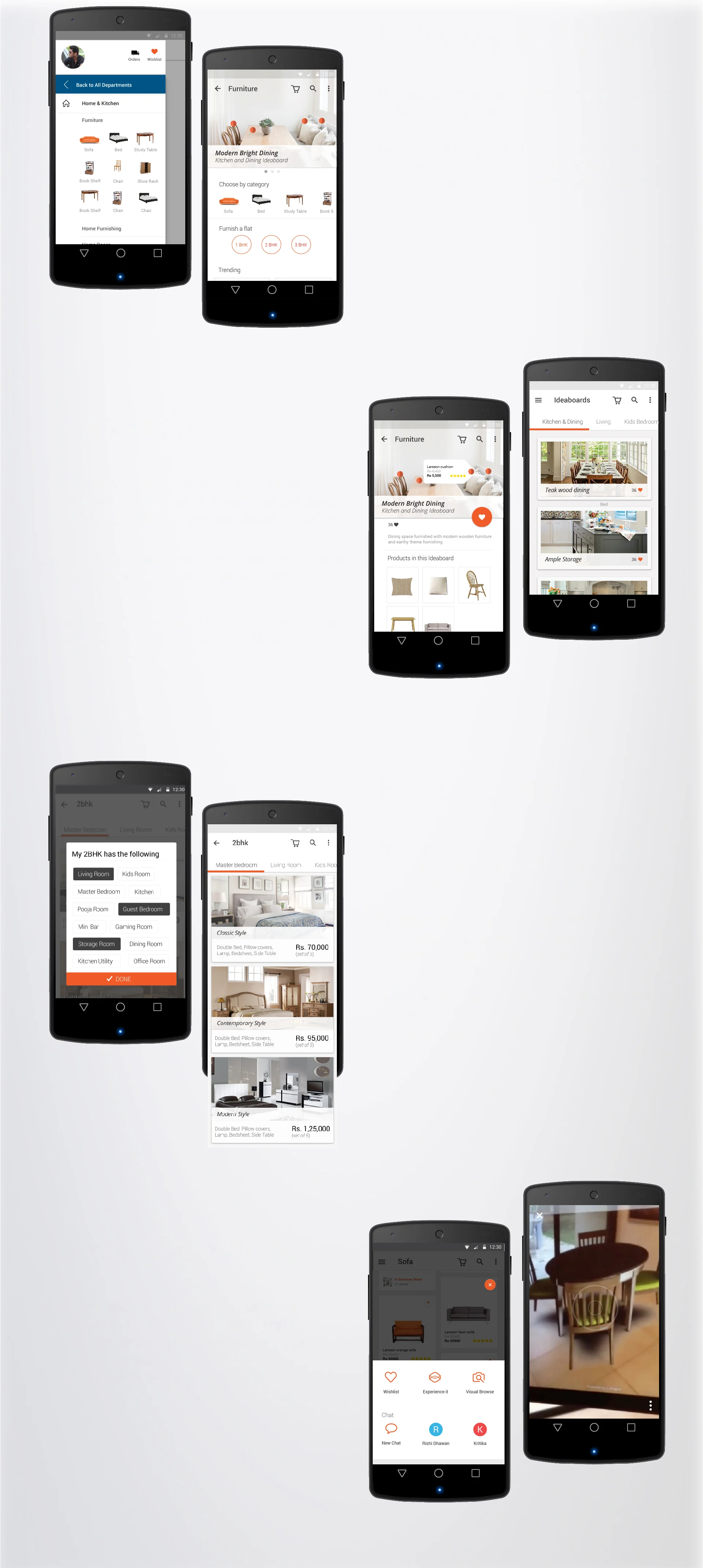 Four groups of Nexus phone mockups on a soft grey gradient: the department and category browse screens, an ideaboard with tagged products, the 2BHK room picker with room-by-room collections, and the product sheet with its augmented-reality view of a chair placed in a real room