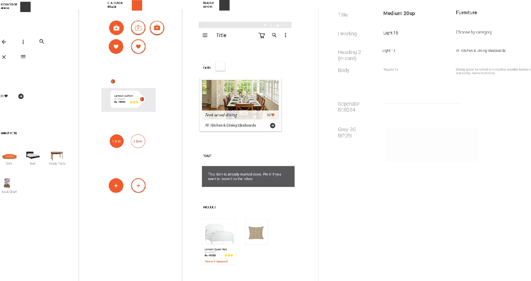 Styleguide sheet in four columns: the icon set with ICON COLOR 404041, CTA buttons and product tags in CTA COLOR f05a28, the header/card/toast/product components, and the type ramp — Title Medium 20sp, Heading Light 16, Heading 2 Light 14, Body Regular 12 — with Seperator 808284 and Grey BG f8f9f9