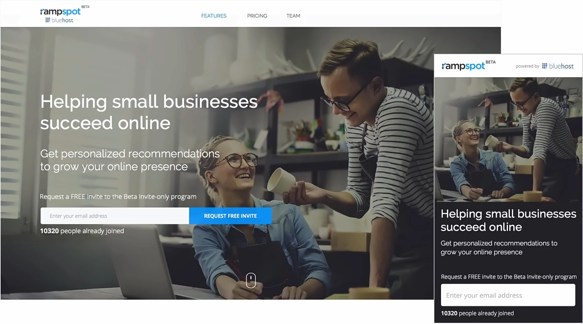 The rampspot pre-launch page on desktop and mobile, offering a free invite to the beta