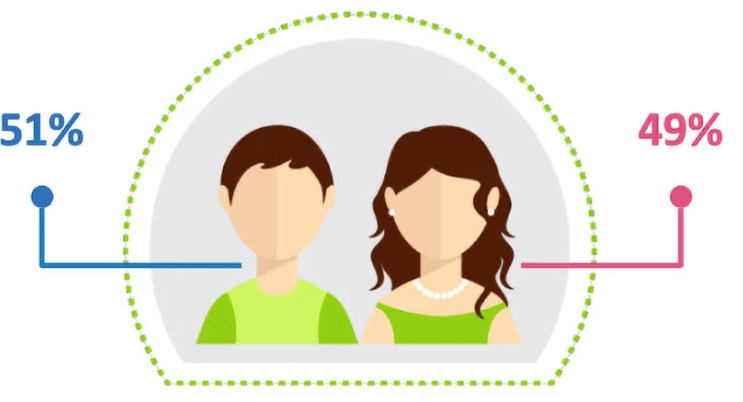 Persona illustration of a young couple inside a dotted green arc, split 51% male and 49% female