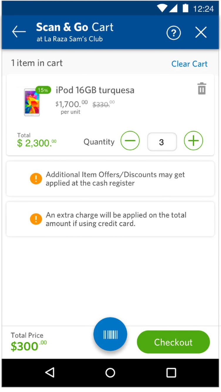 Scan & Go Cart at La Raza Sam's Club: one iPod 16GB turquesa at $1,700 with a 15% badge and a quantity stepper set to 3, two advisory notices about offers and credit-card charges, a $300 total, a barcode button and a green Checkout button